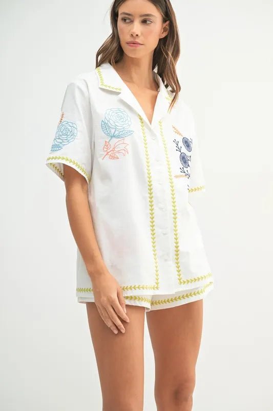 Mable - White Embroidered Leaf & Floral Shirt & Short Set