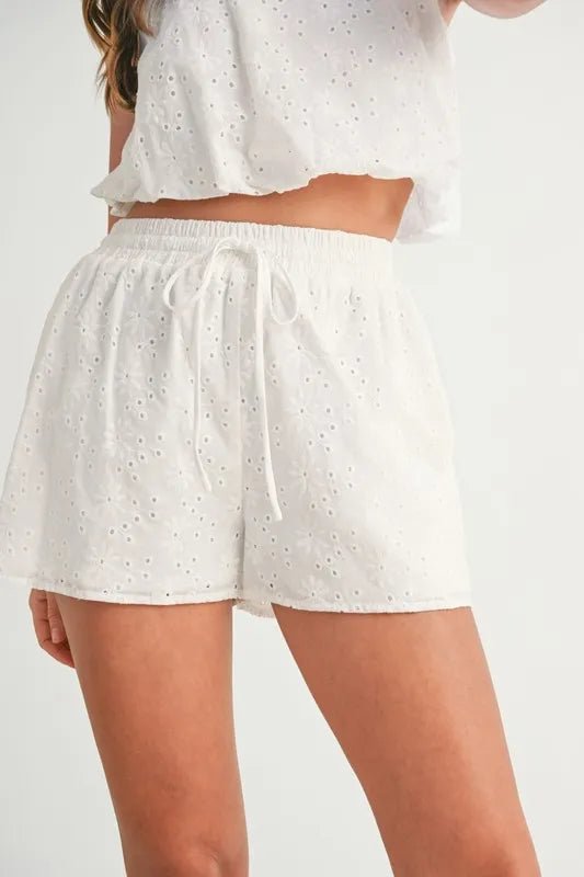 Mable - White Eyelet Crop Tank & Drawstring Shorts Set