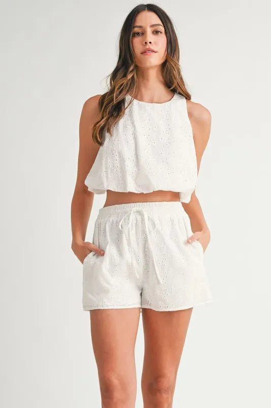 Mable - White Eyelet Crop Tank & Drawstring Shorts Set