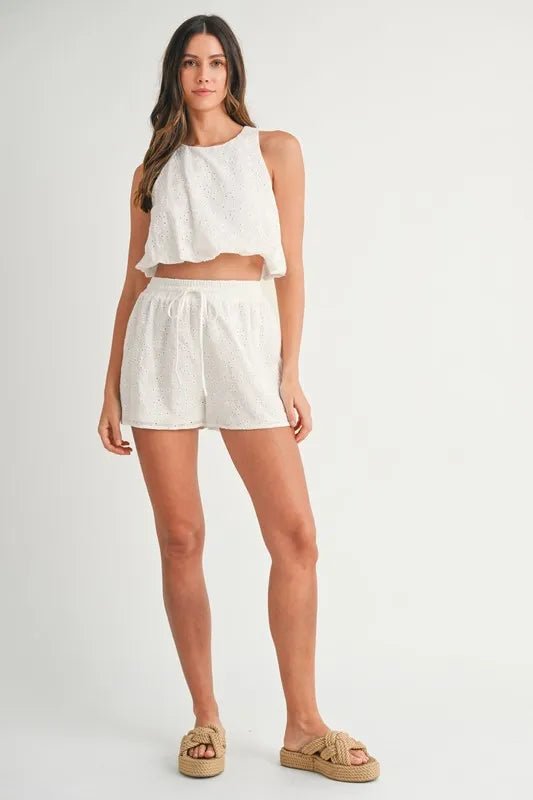 Mable - White Eyelet Crop Tank & Drawstring Shorts Set