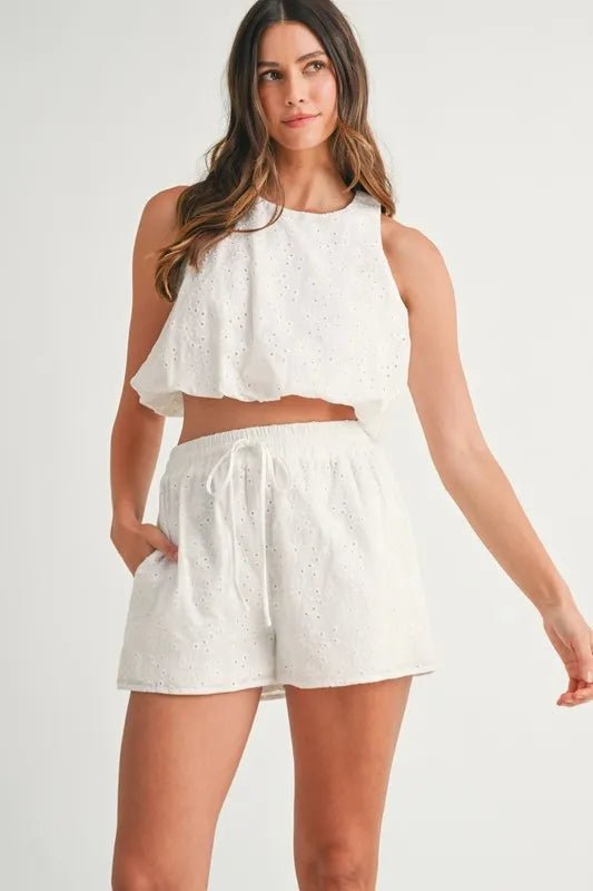Mable - White Eyelet Crop Tank & Drawstring Shorts Set