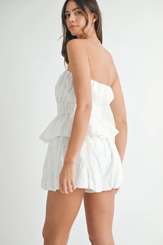 Mable - White Eyelet Strapless Peplum Shorts Set