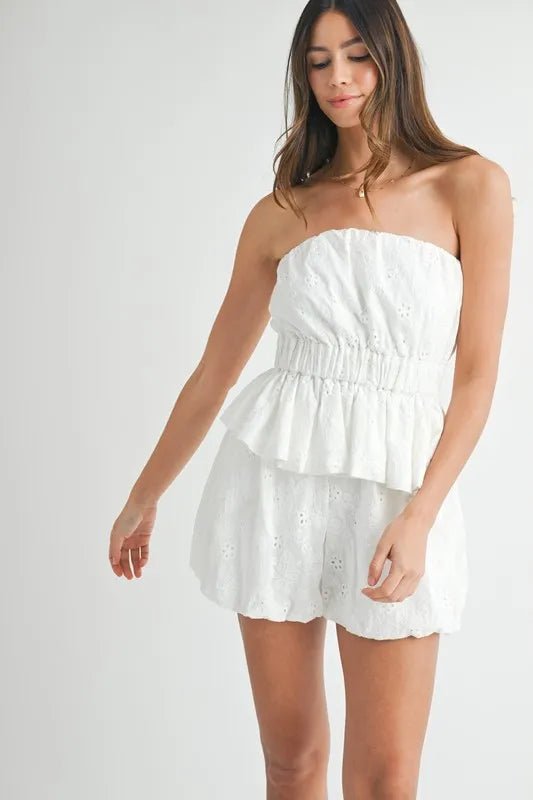 Mable - White Eyelet Strapless Peplum Shorts Set