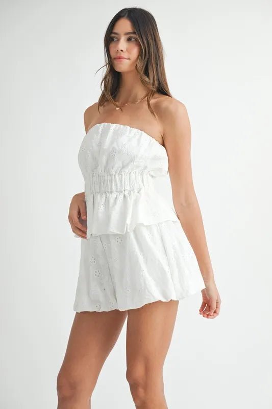 Mable - White Eyelet Strapless Peplum Shorts Set