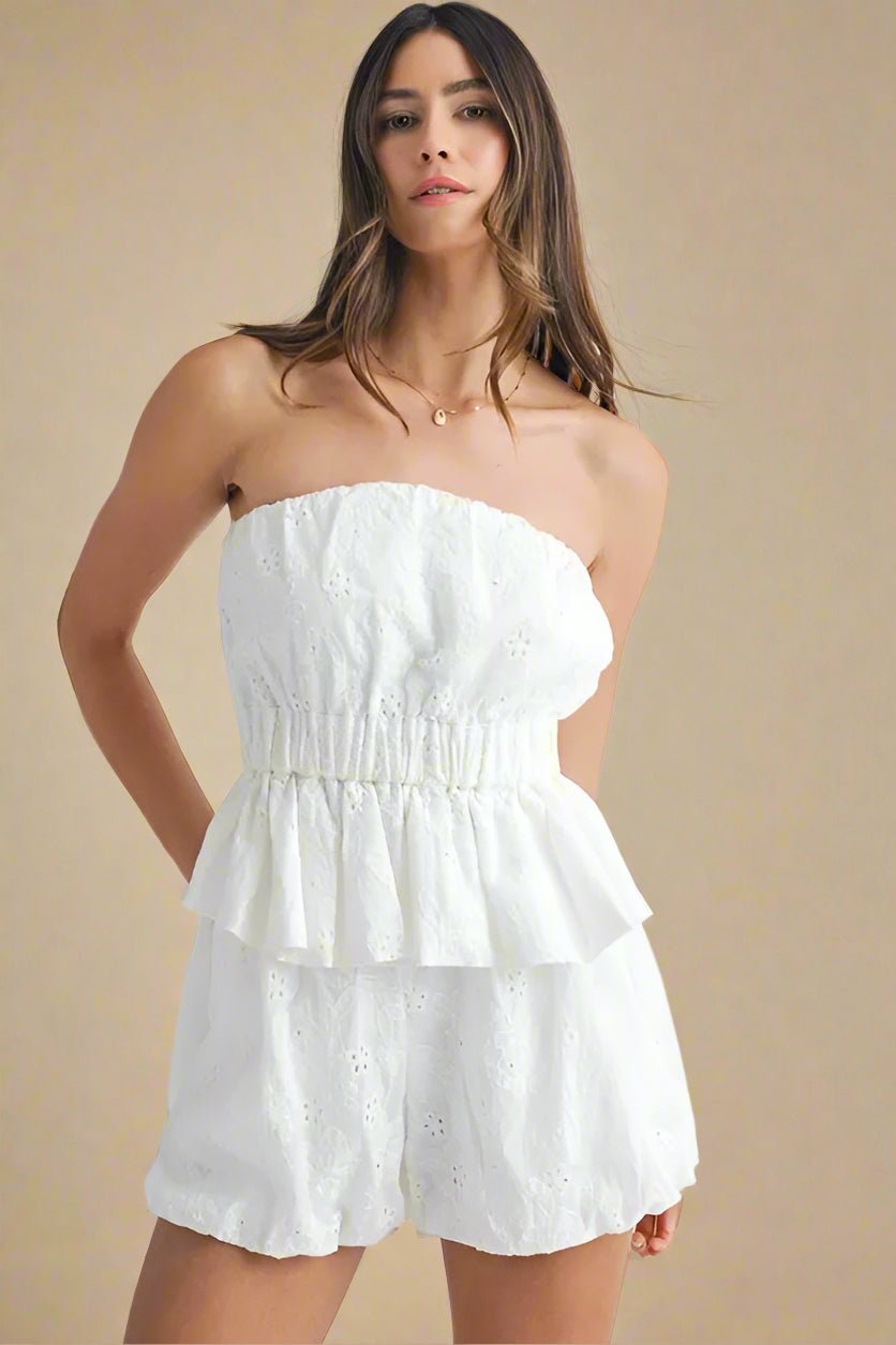 Mable - White Eyelet Strapless Peplum Shorts Set