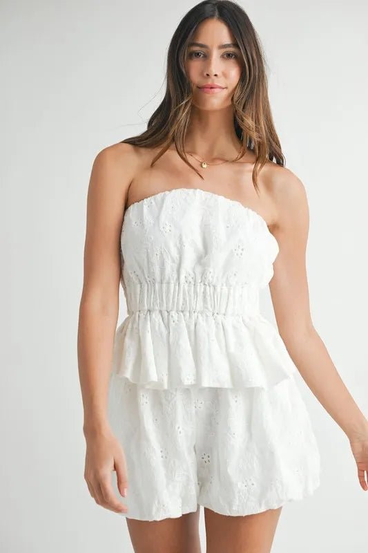 Mable - White Eyelet Strapless Peplum Shorts Set