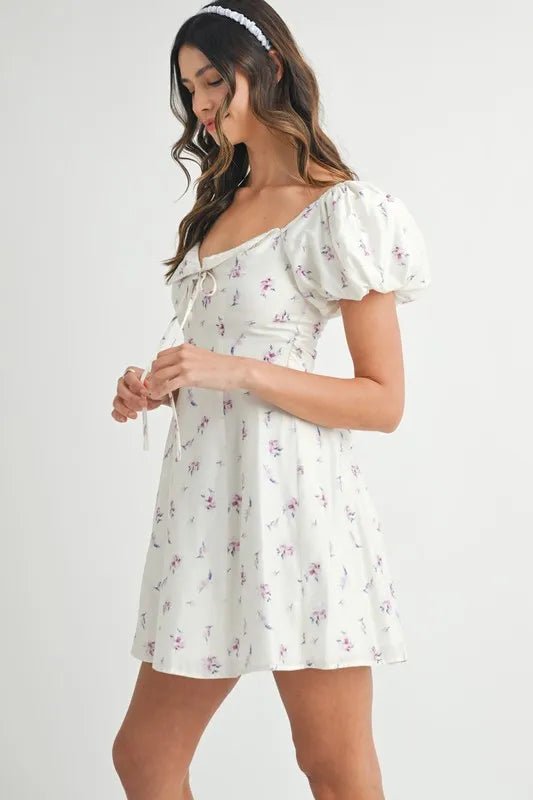 Mable - White Floral Puff Sleeve Mini Dress