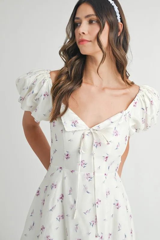Mable - White Floral Puff Sleeve Mini Dress