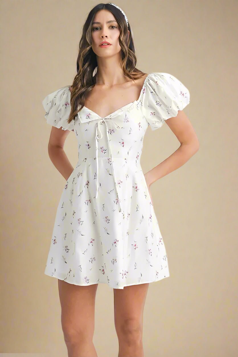 Mable - White Floral Puff Sleeve Mini Dress