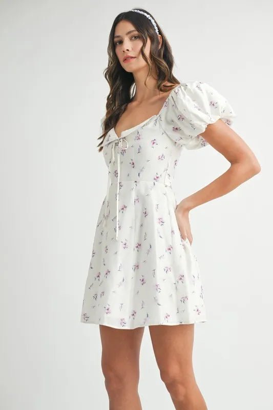 Mable - White Floral Puff Sleeve Mini Dress