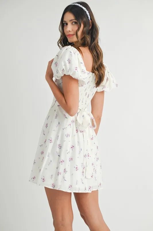 Mable - White Floral Puff Sleeve Mini Dress
