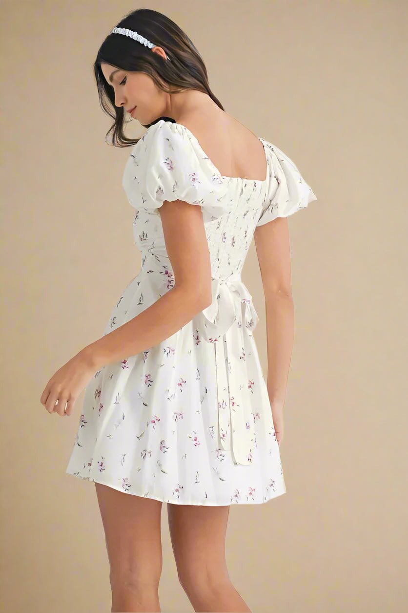 Mable - White Floral Puff Sleeve Mini Dress