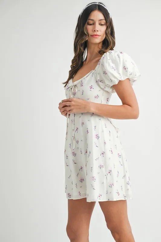 Mable - White Floral Puff Sleeve Mini Dress