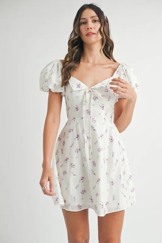 Mable - White Floral Puff Sleeve Mini Dress