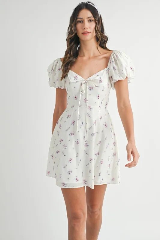 Mable - White Floral Puff Sleeve Mini Dress