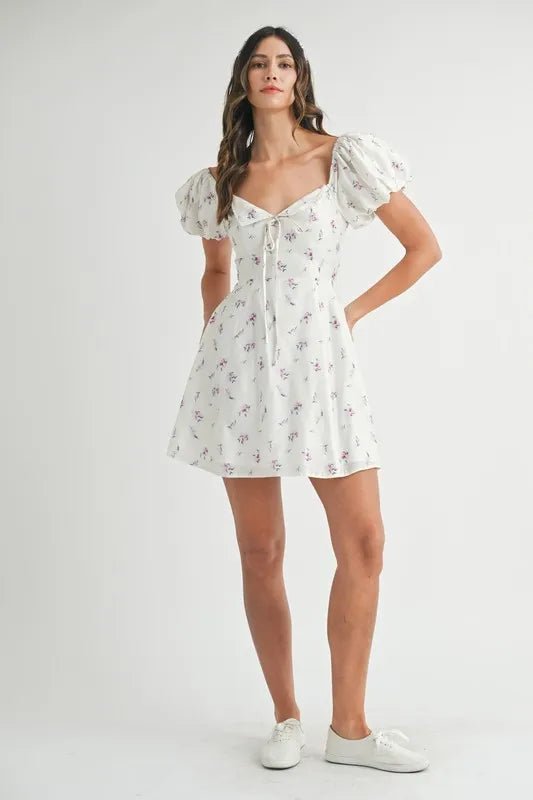 Mable - White Floral Puff Sleeve Mini Dress