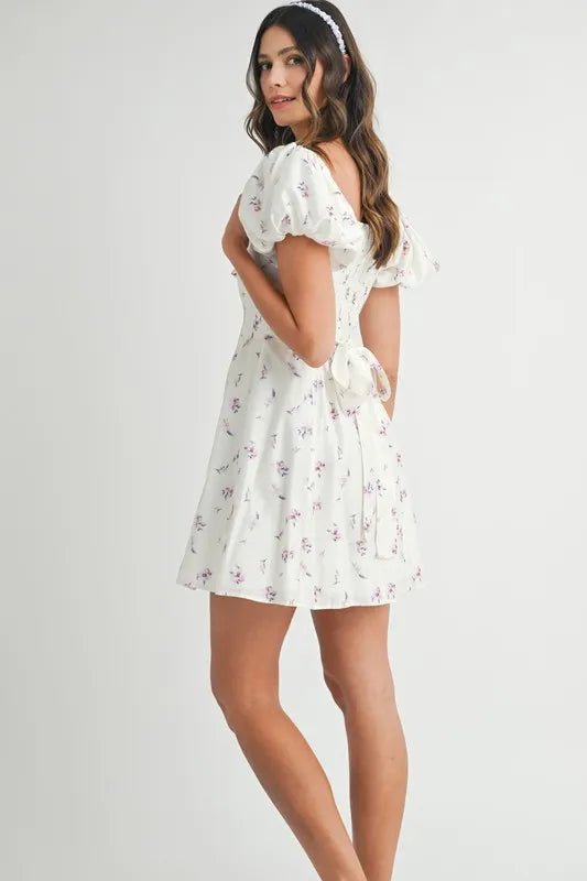 Mable - White Floral Puff Sleeve Mini Dress