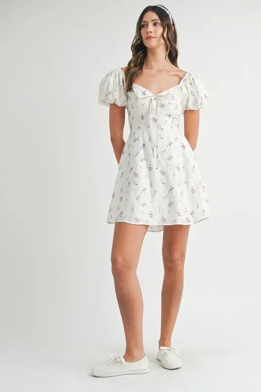 Mable - White Floral Puff Sleeve Mini Dress