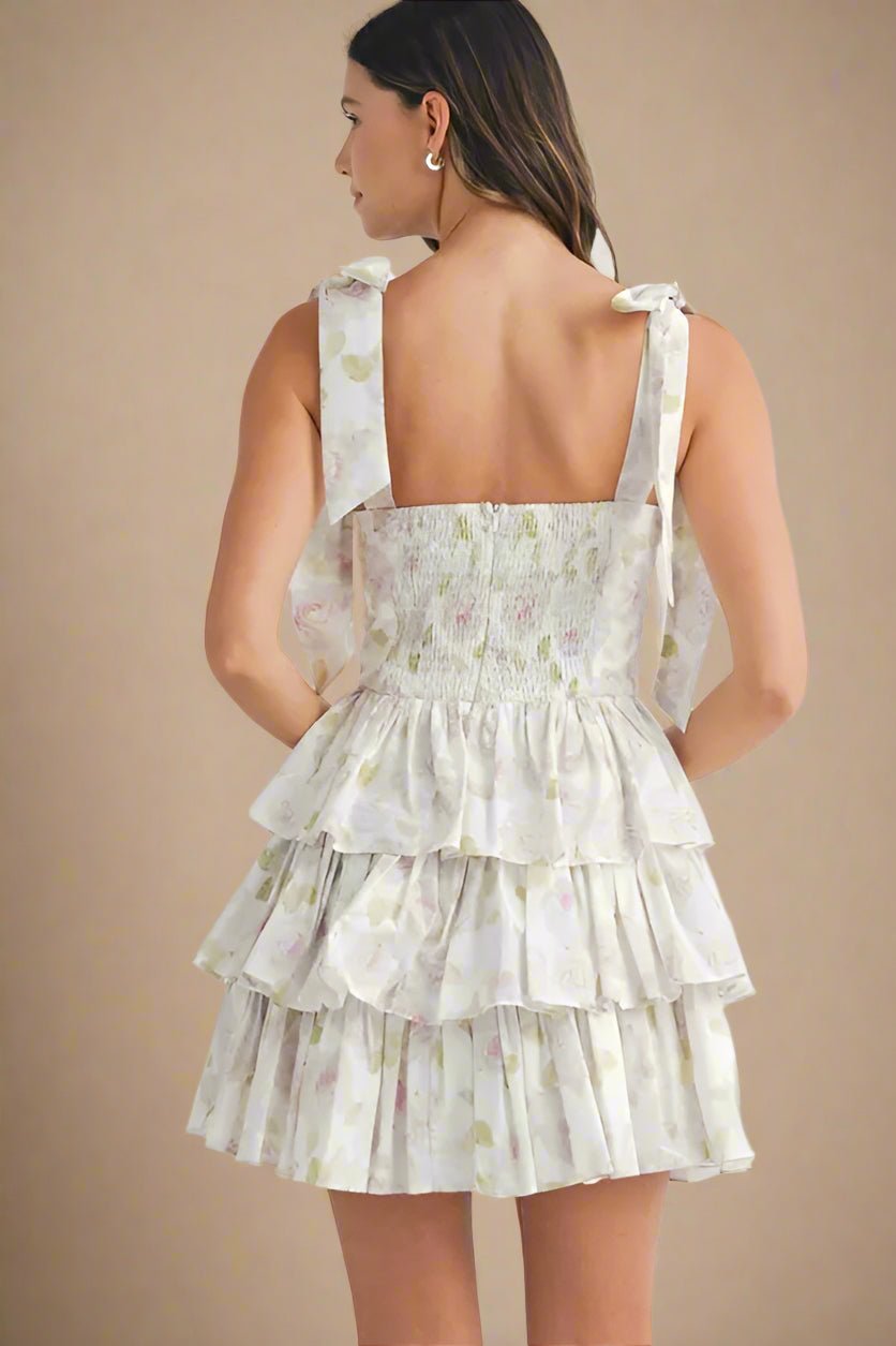 Mable - White & Green Floral Tiered Ruffle Mini Dress