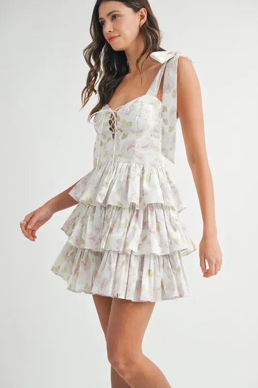 Mable - White & Green Floral Tiered Ruffle Mini Dress