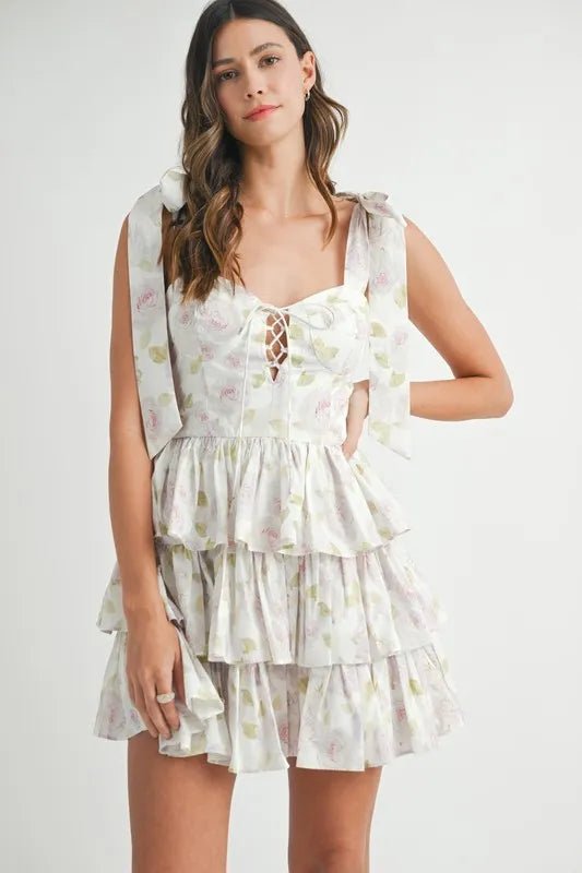 Mable - White & Green Floral Tiered Ruffle Mini Dress