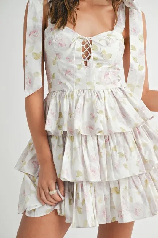 Mable - White & Green Floral Tiered Ruffle Mini Dress