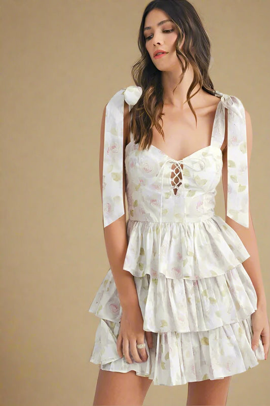 Mable - White & Green Floral Tiered Ruffle Mini Dress