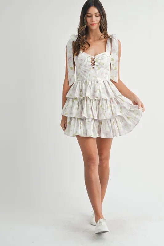 Mable - White & Green Floral Tiered Ruffle Mini Dress