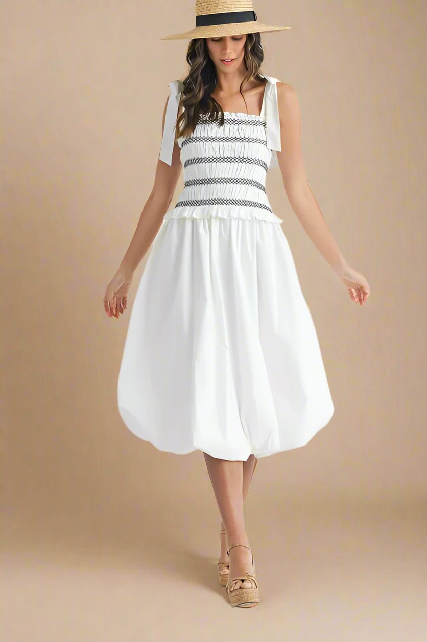 Mable - White & Navy Smocked Tie Strap Bubble Hem Midi Dress
