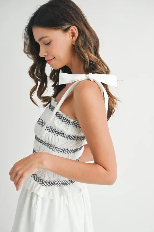 Mable - White & Navy Smocked Tie Strap Bubble Hem Midi Dress