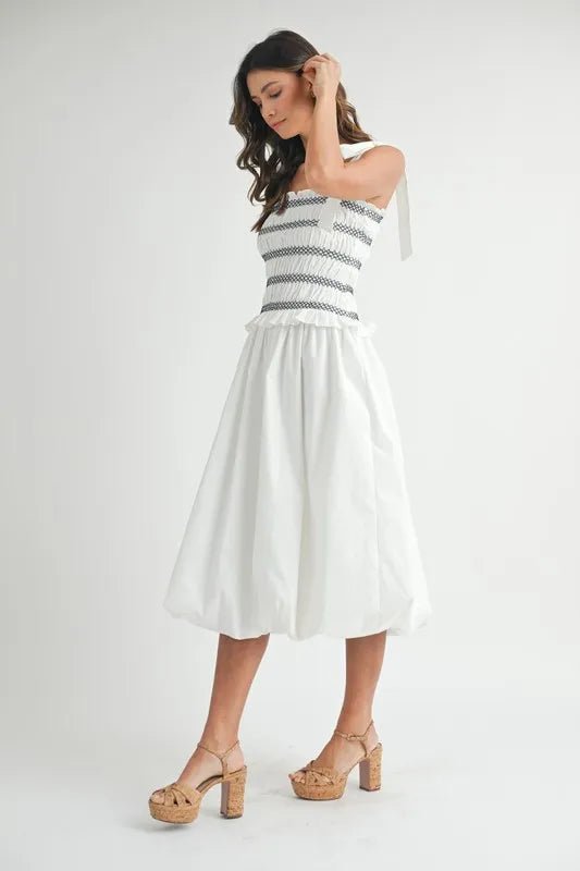 Mable - White & Navy Smocked Tie Strap Bubble Hem Midi Dress