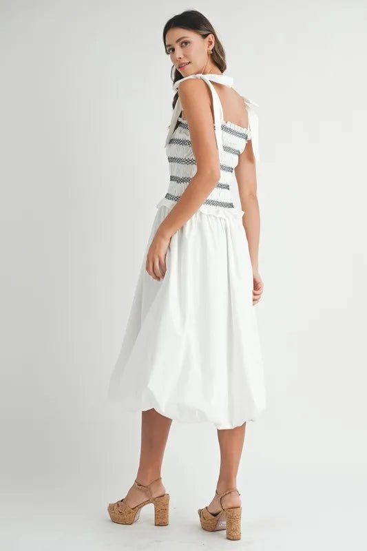 Mable - White & Navy Smocked Tie Strap Bubble Hem Midi Dress