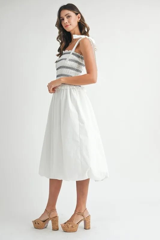 Mable - White & Navy Smocked Tie Strap Bubble Hem Midi Dress