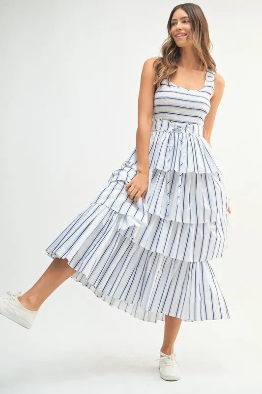 Mable - White & Navy Striped Tiered Midi Dress