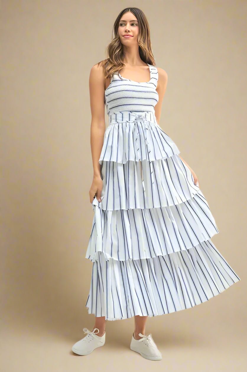 Mable - White & Navy Striped Tiered Midi Dress