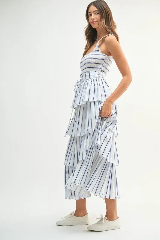 Mable - White & Navy Striped Tiered Midi Dress