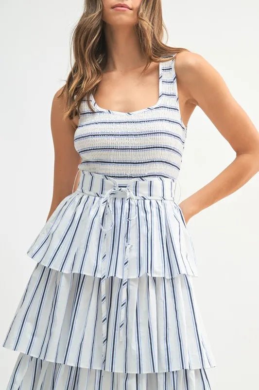 Mable - White & Navy Striped Tiered Midi Dress