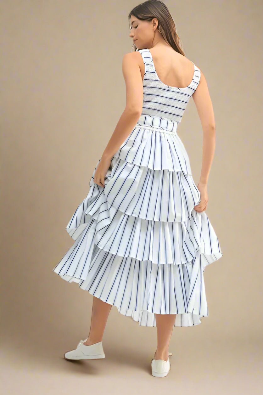 Mable - White & Navy Striped Tiered Midi Dress