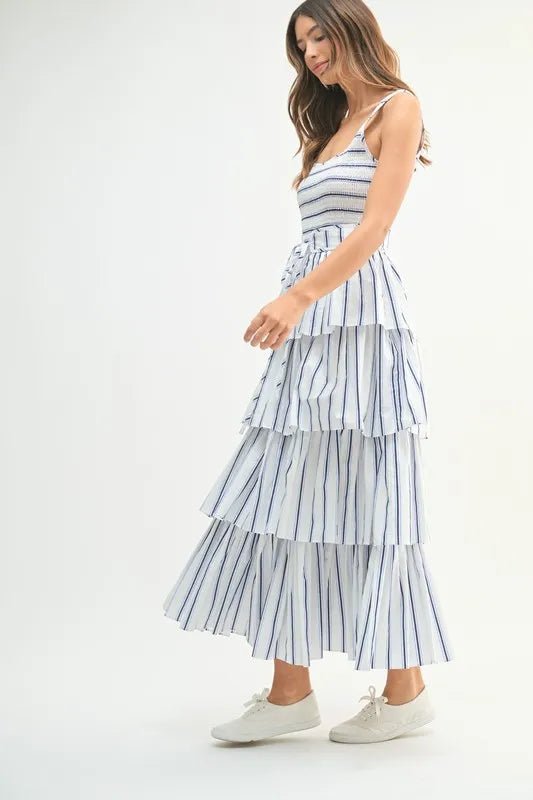Mable - White & Navy Striped Tiered Midi Dress