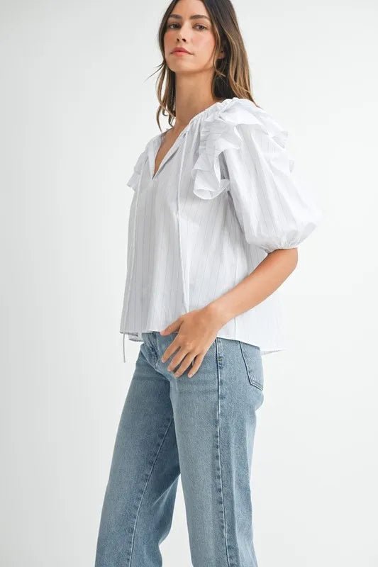 Mable - White Pinstripe Ruffle Sleeve Blouse with Tie Neck