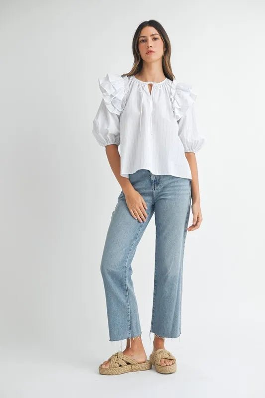 Mable - White Pinstripe Ruffle Sleeve Blouse with Tie Neck