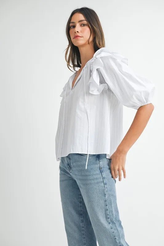 Mable - White Pinstripe Ruffle Sleeve Blouse with Tie Neck