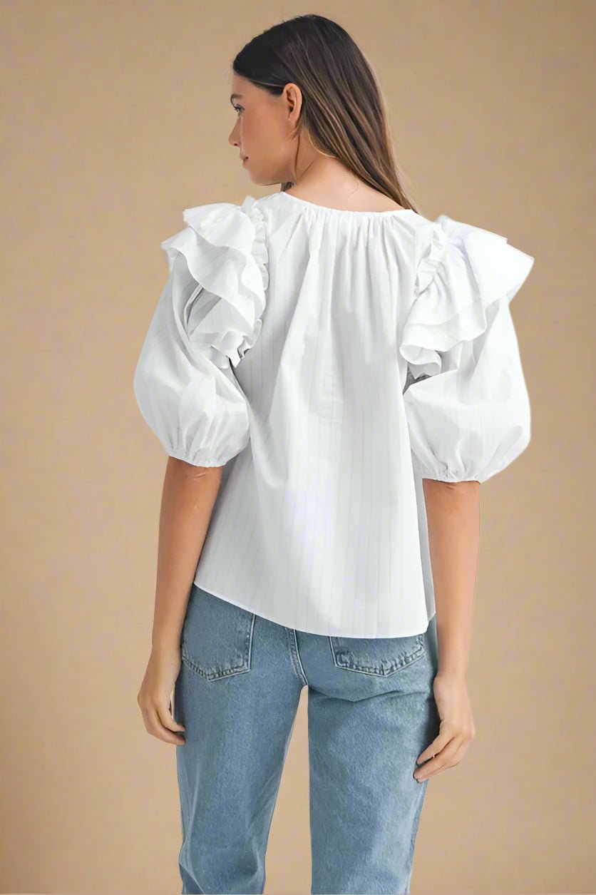 Mable - White Pinstripe Ruffle Sleeve Blouse with Tie Neck