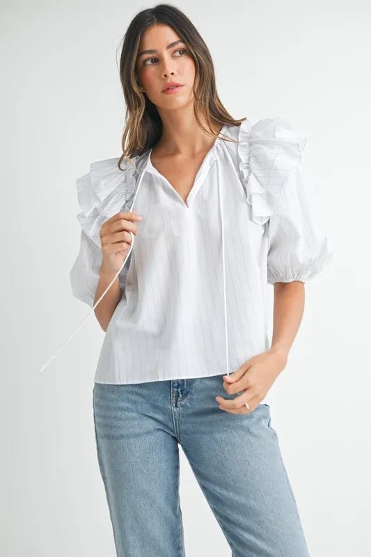 Mable - White Pinstripe Ruffle Sleeve Blouse with Tie Neck