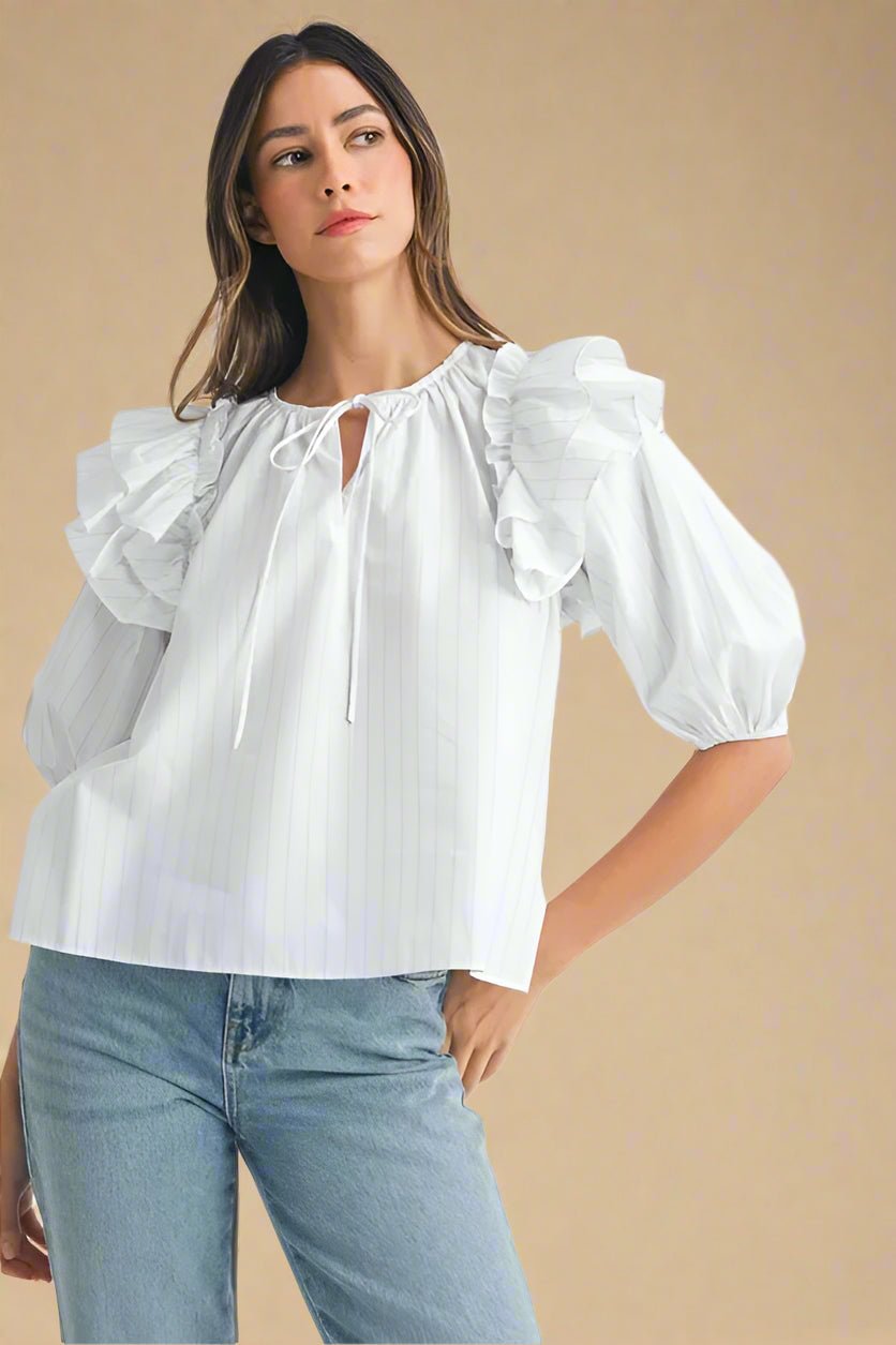 Mable - White Pinstripe Ruffle Sleeve Blouse with Tie Neck