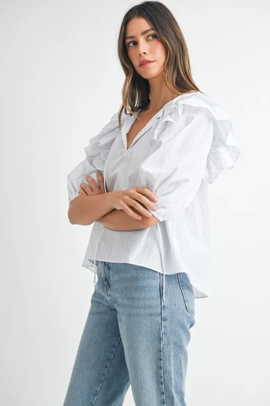 Mable - White Pinstripe Ruffle Sleeve Blouse with Tie Neck