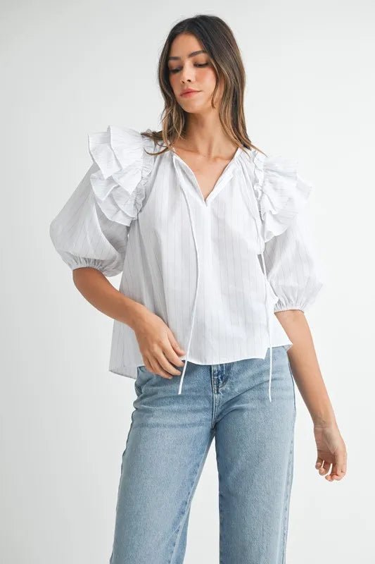 Mable - White Pinstripe Ruffle Sleeve Blouse with Tie Neck