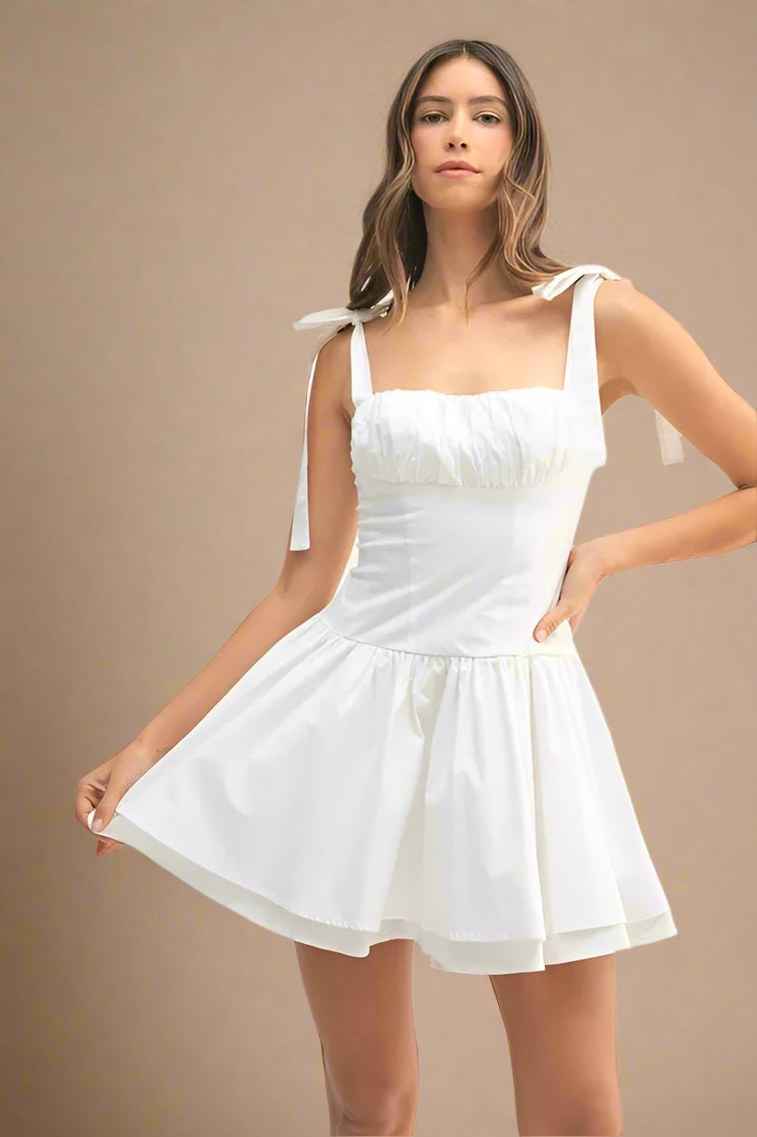 Mable - White Ruched Tie - Strap Mini Dress