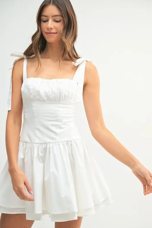 Mable - White Ruched Tie - Strap Mini Dress