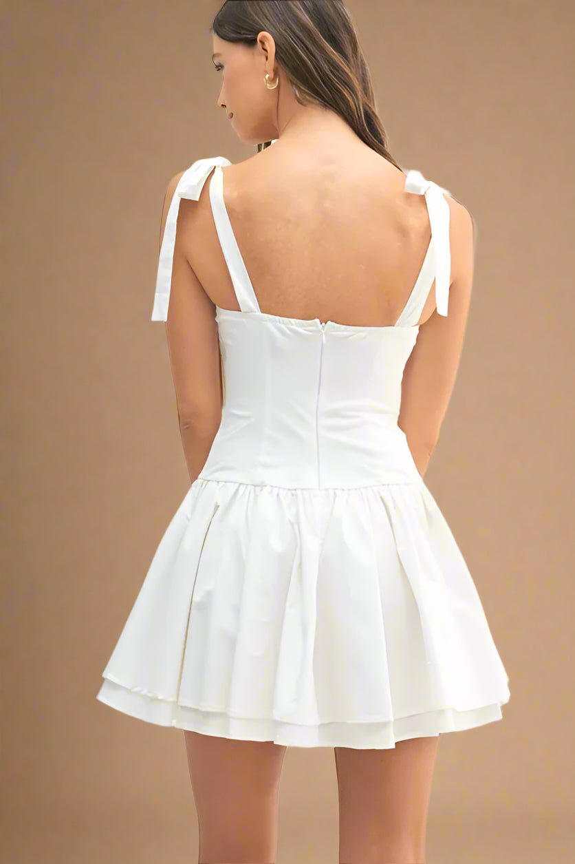 Mable - White Ruched Tie - Strap Mini Dress